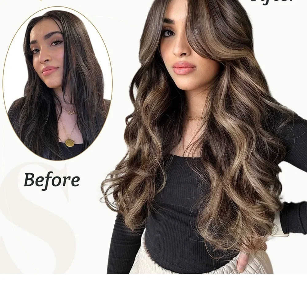 Real human Hair Extensions Chocolate Brown Mix Caramel Blonde Sewed in 18inch - Picture 5 of 5